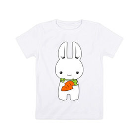 Детская футболка хлопок с принтом Зайчик с морковкой , 100% хлопок | круглый вырез горловины, полуприлегающий силуэт, длина до линии бедер | белый кролик | животные | зайчик | зайчик с морковкой | морковь
