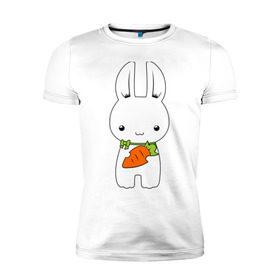 Мужская футболка премиум с принтом Зайчик с морковкой , 92% хлопок, 8% лайкра | приталенный силуэт, круглый вырез ворота, длина до линии бедра, короткий рукав | белый кролик | животные | зайчик | зайчик с морковкой | морковь