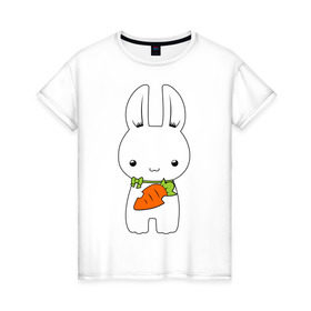 Женская футболка хлопок с принтом Зайчик с морковкой , 100% хлопок | прямой крой, круглый вырез горловины, длина до линии бедер, слегка спущенное плечо | Тематика изображения на принте: белый кролик | животные | зайчик | зайчик с морковкой | морковь