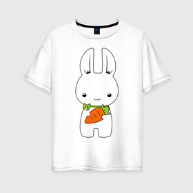 Женская футболка хлопок Oversize с принтом Зайчик с морковкой , 100% хлопок | свободный крой, круглый ворот, спущенный рукав, длина до линии бедер
 | белый кролик | животные | зайчик | зайчик с морковкой | морковь