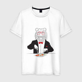 Мужская футболка хлопок с принтом Лев вегетарианец , 100% хлопок | прямой крой, круглый вырез горловины, длина до линии бедер, слегка спущенное плечо. | Тематика изображения на принте: еда | животные | лев | лев вегетарианец | очки | прикольные картинки | хипстер