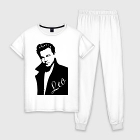 Женская пижама хлопок с принтом Леонардо Дикаприо , 100% хлопок | брюки и футболка прямого кроя, без карманов, на брюках мягкая резинка на поясе и по низу штанин | лео