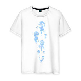 Мужская футболка хлопок с принтом Медузы , 100% хлопок | прямой крой, круглый вырез горловины, длина до линии бедер, слегка спущенное плечо. | Тематика изображения на принте: животные | медузы | море