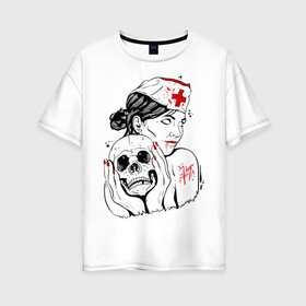 Женская футболка хлопок Oversize с принтом Тату медсестра , 100% хлопок | свободный крой, круглый ворот, спущенный рукав, длина до линии бедер
 | кровь | медсестра | тату | тату медсестра | череп