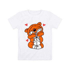 Детская футболка хлопок с принтом Мишка с зайкой , 100% хлопок | круглый вырез горловины, полуприлегающий силуэт, длина до линии бедер | Тематика изображения на принте: зайкой | заяц | кролик | любовь | медведь | мишка