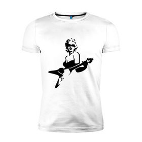 Мужская футболка премиум с принтом Мэрилин Монро с гитарой , 92% хлопок, 8% лайкра | приталенный силуэт, круглый вырез ворота, длина до линии бедра, короткий рукав | Тематика изображения на принте: гитара