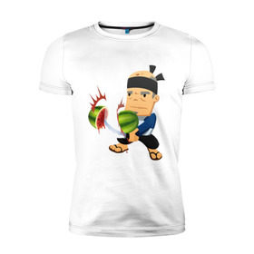 Мужская футболка премиум с принтом Fruit Ninja , 92% хлопок, 8% лайкра | приталенный силуэт, круглый вырез ворота, длина до линии бедра, короткий рукав | fruit ninja | игры | мобильные игры | ниньзя | фруктовый ниньзя | фрукты