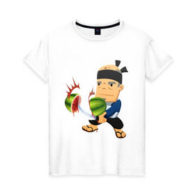 Женская футболка хлопок с принтом Fruit Ninja , 100% хлопок | прямой крой, круглый вырез горловины, длина до линии бедер, слегка спущенное плечо | Тематика изображения на принте: fruit ninja | игры | мобильные игры | ниньзя | фруктовый ниньзя | фрукты