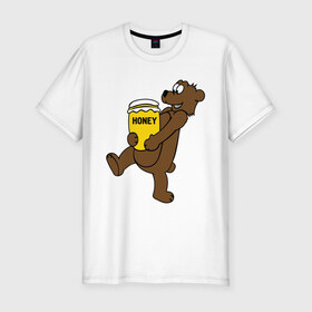 Мужская футболка премиум с принтом Медведь с медом , 92% хлопок, 8% лайкра | приталенный силуэт, круглый вырез ворота, длина до линии бедра, короткий рукав | Тематика изображения на принте: животные | медведь с медом медведь мед | сладкое