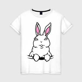 Женская футболка хлопок с принтом Зайчик в кармашке , 100% хлопок | прямой крой, круглый вырез горловины, длина до линии бедер, слегка спущенное плечо | белый кролик | животные | зайка | зайчик в кармашке | кролик