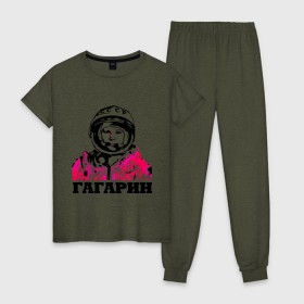 Женская пижама хлопок с принтом Гагарин , 100% хлопок | брюки и футболка прямого кроя, без карманов, на брюках мягкая резинка на поясе и по низу штанин | 