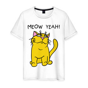 Мужская футболка хлопок с принтом Meow yeah! , 100% хлопок | прямой крой, круглый вырез горловины, длина до линии бедер, слегка спущенное плечо. | meow yeah | интернет приколы | киса | кот мем | котик | мурка