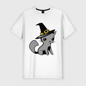 Мужская футболка премиум с принтом Кошка в шляпе , 92% хлопок, 8% лайкра | приталенный силуэт, круглый вырез ворота, длина до линии бедра, короткий рукав | ведьма | киска | кошка в шляпе | кошки | мурка | прикольные картинки
