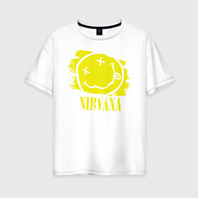 Женская футболка хлопок Oversize с принтом смайл NIRVANA , 100% хлопок | свободный крой, круглый ворот, спущенный рукав, длина до линии бедер
 | kurt cobain | nirvana | rock | курт кобейн | нирвана | рожица | рок | смайл | смайлик | улыбка