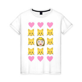 Женская футболка хлопок с принтом Кошатница , 100% хлопок | прямой крой, круглый вырез горловины, длина до линии бедер, слегка спущенное плечо | emojin | happy family | котики | коты | кошатница | смайлы | эмоджин