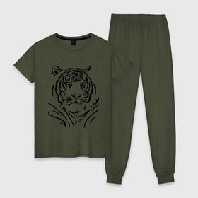 Женская пижама хлопок с принтом Величественный тигр , 100% хлопок | брюки и футболка прямого кроя, без карманов, на брюках мягкая резинка на поясе и по низу штанин | величественный тигр | животные | полосы | хищник