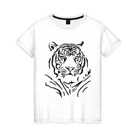 Женская футболка хлопок с принтом Величественный тигр , 100% хлопок | прямой крой, круглый вырез горловины, длина до линии бедер, слегка спущенное плечо | величественный тигр | животные | полосы | хищник