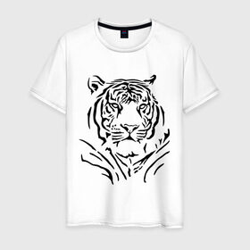 Мужская футболка хлопок с принтом Величественный тигр , 100% хлопок | прямой крой, круглый вырез горловины, длина до линии бедер, слегка спущенное плечо. | Тематика изображения на принте: величественный тигр | животные | полосы | хищник
