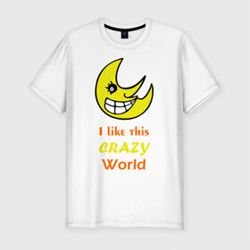 Мужская футболка премиум с принтом Crazy World , 92% хлопок, 8% лайкра | приталенный силуэт, круглый вырез ворота, длина до линии бедра, короткий рукав | crazy world | позитив | смайлы | сумасшедший 
мир