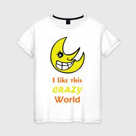 Женская футболка хлопок с принтом Crazy World , 100% хлопок | прямой крой, круглый вырез горловины, длина до линии бедер, слегка спущенное плечо | crazy world | позитив | смайлы | сумасшедший 
мир