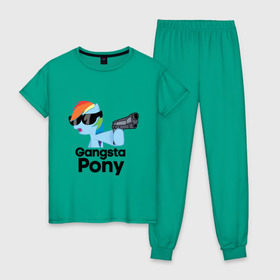 Женская пижама хлопок с принтом Gangsta pony , 100% хлопок | брюки и футболка прямого кроя, без карманов, на брюках мягкая резинка на поясе и по низу штанин | gangsta pony | my little pony | pony | брони | ганста пони | оружие | очки | пистолет | пони