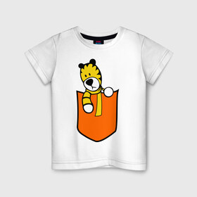 Детская футболка хлопок с принтом Тигра в кармане , 100% хлопок | круглый вырез горловины, полуприлегающий силуэт, длина до линии бедер | животные | карман | полоски | тигр | тигра в кармане | шарф