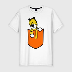 Мужская футболка премиум с принтом Тигра в кармане , 92% хлопок, 8% лайкра | приталенный силуэт, круглый вырез ворота, длина до линии бедра, короткий рукав | животные | карман | полоски | тигр | тигра в кармане | шарф