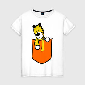 Женская футболка хлопок с принтом Тигра в кармане , 100% хлопок | прямой крой, круглый вырез горловины, длина до линии бедер, слегка спущенное плечо | животные | карман | полоски | тигр | тигра в кармане | шарф
