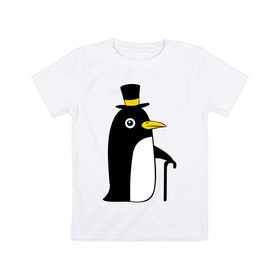 Детская футболка хлопок с принтом Пингвин в шляпе , 100% хлопок | круглый вырез горловины, полуприлегающий силуэт, длина до линии бедер | Тематика изображения на принте: животные | лед | пингвин в шляпе | трость.снег | шляпа
