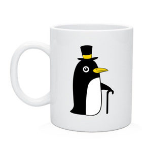 Кружка с принтом Пингвин в шляпе , керамика | объем — 330 мл, диаметр — 80 мм. Принт наносится на бока кружки, можно сделать два разных изображения | животные | лед | пингвин в шляпе | трость.снег | шляпа