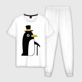 Мужская пижама хлопок с принтом Пингвин в шляпе , 100% хлопок | брюки и футболка прямого кроя, без карманов, на брюках мягкая резинка на поясе и по низу штанин
 | животные | лед | пингвин в шляпе | трость.снег | шляпа