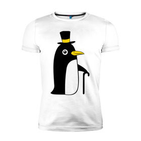 Мужская футболка премиум с принтом Пингвин в шляпе , 92% хлопок, 8% лайкра | приталенный силуэт, круглый вырез ворота, длина до линии бедра, короткий рукав | Тематика изображения на принте: животные | лед | пингвин в шляпе | трость.снег | шляпа