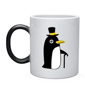 Кружка хамелеон с принтом Пингвин в шляпе , керамика | меняет цвет при нагревании, емкость 330 мл | животные | лед | пингвин в шляпе | трость.снег | шляпа