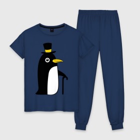 Женская пижама хлопок с принтом Пингвин в шляпе , 100% хлопок | брюки и футболка прямого кроя, без карманов, на брюках мягкая резинка на поясе и по низу штанин | животные | лед | пингвин в шляпе | трость.снег | шляпа