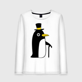 Женский лонгслив хлопок с принтом Пингвин в шляпе , 100% хлопок |  | животные | лед | пингвин в шляпе | трость.снег | шляпа