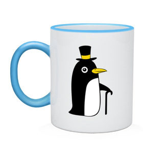 Кружка двухцветная с принтом Пингвин в шляпе , керамика | объем — 330 мл, диаметр — 80 мм. Цветная ручка и кайма сверху, в некоторых цветах — вся внутренняя часть | животные | лед | пингвин в шляпе | трость.снег | шляпа