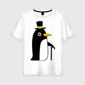 Женская футболка хлопок Oversize с принтом Пингвин в шляпе , 100% хлопок | свободный крой, круглый ворот, спущенный рукав, длина до линии бедер
 | животные | лед | пингвин в шляпе | трость.снег | шляпа