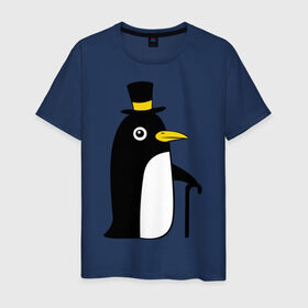 Мужская футболка хлопок с принтом Пингвин в шляпе , 100% хлопок | прямой крой, круглый вырез горловины, длина до линии бедер, слегка спущенное плечо. | животные | лед | пингвин в шляпе | трость.снег | шляпа