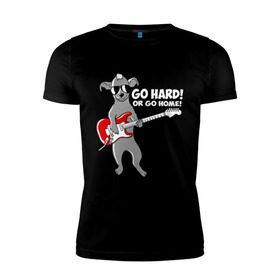 Мужская футболка премиум с принтом Собака с гитарой (Go hard or go home) , 92% хлопок, 8% лайкра | приталенный силуэт, круглый вырез ворота, длина до линии бедра, короткий рукав | гитара