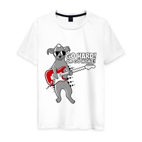 Мужская футболка хлопок с принтом Собака с гитарой (Go hard or go home) , 100% хлопок | прямой крой, круглый вырез горловины, длина до линии бедер, слегка спущенное плечо. | Тематика изображения на принте: гитара