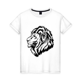 Женская футболка хлопок с принтом Лев в наушниках , 100% хлопок | прямой крой, круглый вырез горловины, длина до линии бедер, слегка спущенное плечо | лев | лев в наушниках | музыка | наушники