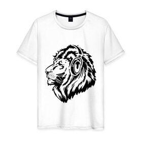 Мужская футболка хлопок с принтом Лев в наушниках , 100% хлопок | прямой крой, круглый вырез горловины, длина до линии бедер, слегка спущенное плечо. | лев | лев в наушниках | музыка | наушники