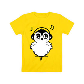 Детская футболка хлопок с принтом Птичка в наушниках , 100% хлопок | круглый вырез горловины, полуприлегающий силуэт, длина до линии бедер | воробей | мелодия | меломан | музыка | наушники | ноты | птица | птичка