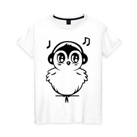 Женская футболка хлопок с принтом Птичка в наушниках , 100% хлопок | прямой крой, круглый вырез горловины, длина до линии бедер, слегка спущенное плечо | воробей | мелодия | меломан | музыка | наушники | ноты | птица | птичка