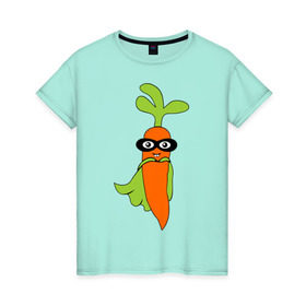 Женская футболка хлопок с принтом Супер-морковь , 100% хлопок | прямой крой, круглый вырез горловины, длина до линии бедер, слегка спущенное плечо | супергерой