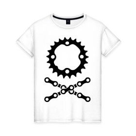Женская футболка хлопок с принтом Велосипедная цепь и звездочка , 100% хлопок | прямой крой, круглый вырез горловины, длина до линии бедер, слегка спущенное плечо | пират
