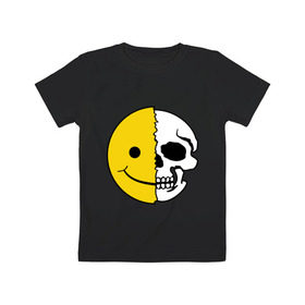 Детская футболка хлопок с принтом Смайлик-черепок , 100% хлопок | круглый вырез горловины, полуприлегающий силуэт, длина до линии бедер | Тематика изображения на принте: скелет