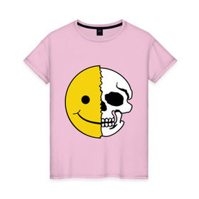 Женская футболка хлопок с принтом Смайлик-черепок , 100% хлопок | прямой крой, круглый вырез горловины, длина до линии бедер, слегка спущенное плечо | скелет