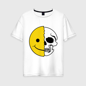 Женская футболка хлопок Oversize с принтом Смайлик-черепок , 100% хлопок | свободный крой, круглый ворот, спущенный рукав, длина до линии бедер
 | скелет
