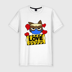 Мужская футболка премиум с принтом Любовь в воздухе , 92% хлопок, 8% лайкра | приталенный силуэт, круглый вырез ворота, длина до линии бедра, короткий рукав | air | cat | grumpy | love | воздух | кот | любовь | недовольный | повязка | респиратор | хмурый